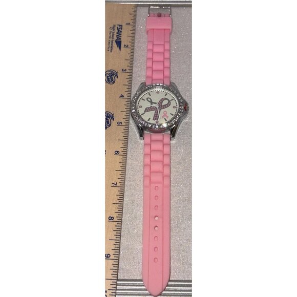 Pink Ribbon Breast Cancer Awareness Watch Rhinestone Bezel & Pink Silicone Strap - Picture 4 of 4